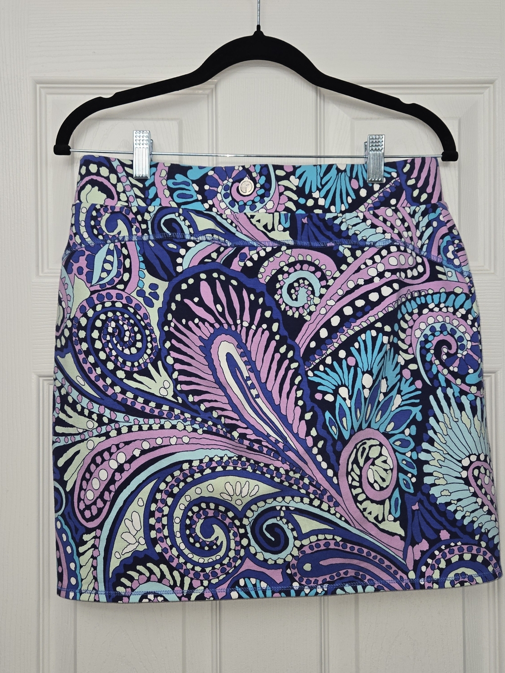 T by Talbots Women Paisley Skort Small Petite SP Blue Purple Zip Pockets Stretch - Picture 2 of 7